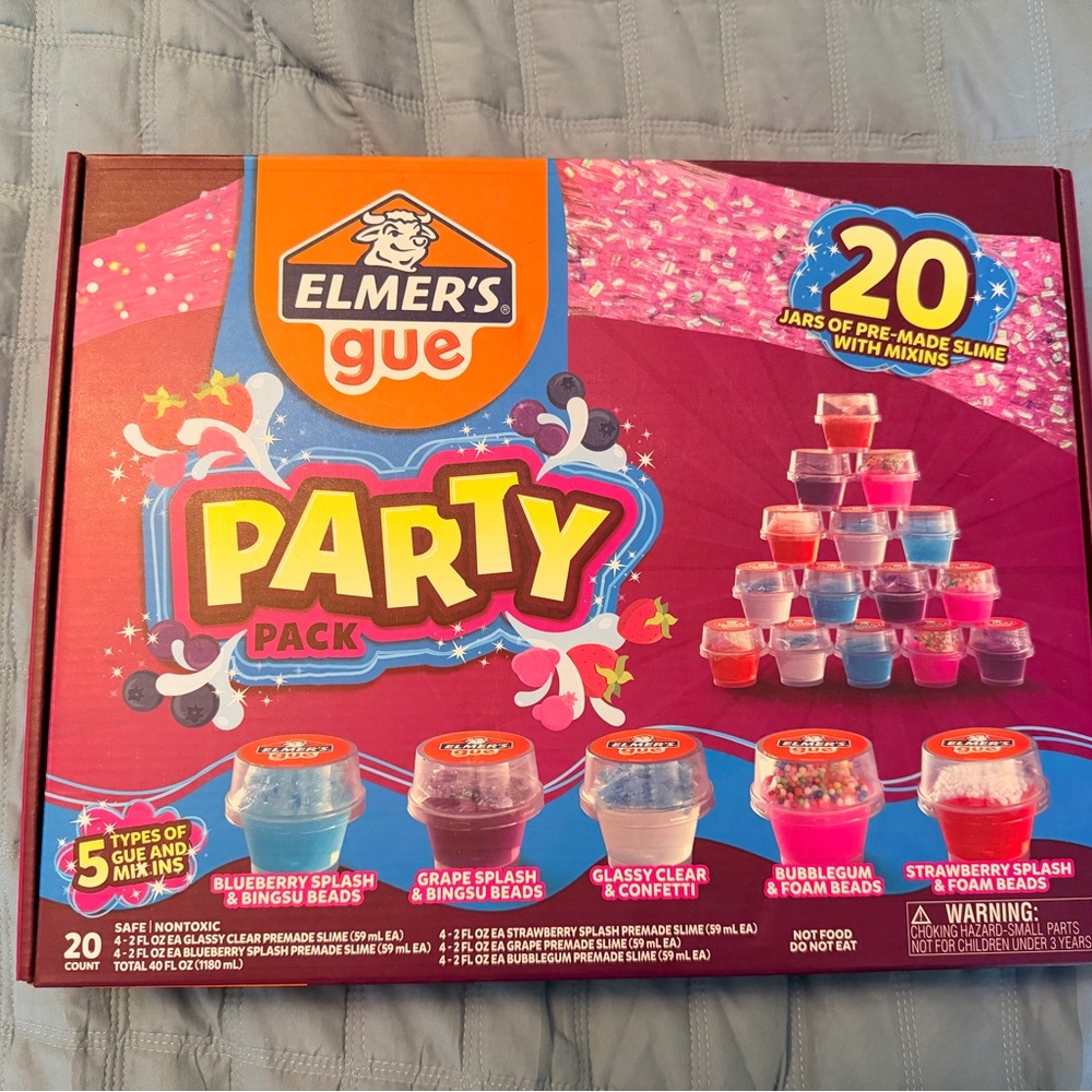 NWT. Elmer’s Gue party pack 20 pre-made slime jars with mixins